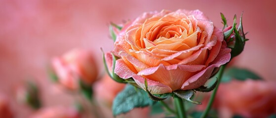 Canvas Print -  a close up of a pink rose with water droplets on it's petals and a pink wall in the background with green leaves and water droplets on the petals.