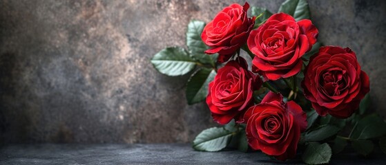 Canvas Print -  a bouquet of red roses sitting on top of a black table top next to a stone wall with a green leafy branch in the middle of the center of the bouquet.