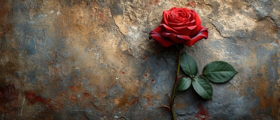 Canvas Print -  a single red rose sitting on top of a piece of stone with a green leaf on the end of the stem and a green leaf on the end of the stem.