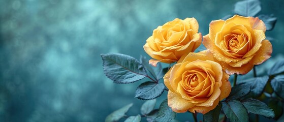 Canvas Print -  three yellow roses with green leaves in front of a blue and green background with water droplets on the petals and leaves in the foreground of the image is a blurry background.