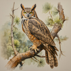 Sticker - Great horned owl,watercolor painting