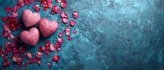 Poster -  three pink hearts surrounded by petals of rose petals on a blue background with a few pink petals on the left and a few pink petals on the right of the left.