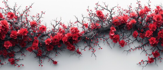 Poster -  a bunch of red flowers are growing on a tree branch with red berries on the top of the branches and on the bottom of the branch are red berries on the top of the branches.