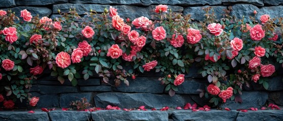 Sticker -  a stone wall with a bunch of pink roses growing up the side of it and some green leaves on the other side of the wall and red flowers on the other side of the wall.