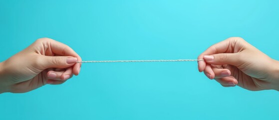 Canvas Print -  a pair of hands holding a rope against a blue background with the end of a string in the middle of the image and the end of the rope in the middle of the image.