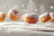 Portrait of powder sugar donuts falling from above in a clean surface with empty space, Generative AI.