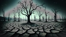 Drought - Cracked Black Earth With Lifeless Trees. Birds Fly Around Looking For Food. Climate Change.