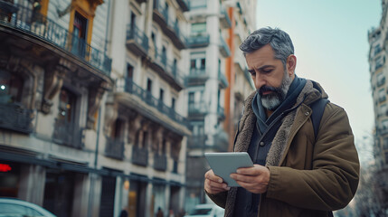 Canvas Print - Digital Escape: Bearded Man Finds Peace in Tablet amidst Urban Chaos