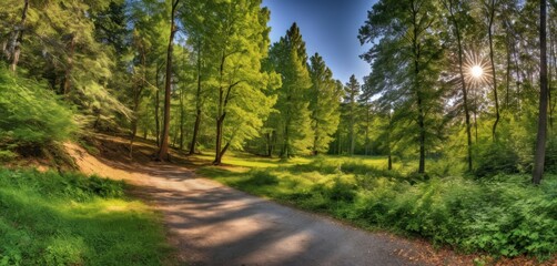 Wall Mural -  the sun shines brightly through the trees on a path in a green, grassy area with a dirt path in the foreground and trees on the other side of the path.