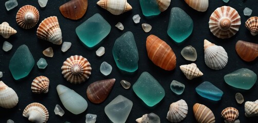 Wall Mural -  a collection of sea glass and seashells on a black background, top view, with a shallow focus on one of the shells and one of the seashells.