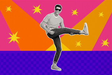 Sticker - Photo collage picture young guy celebrating holiday event friday nightclub party dancing have fun stars sparkling drawing background