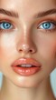 The face focuses on the girl's blue eyes, showing off detailed skin texture and natural tones. Close-up. Concept: healthy clean skin, beautiful even body color.
