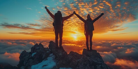 Sticker - Hikers with arms raised up on mountaintop celebrating success at breathtaking sunrise