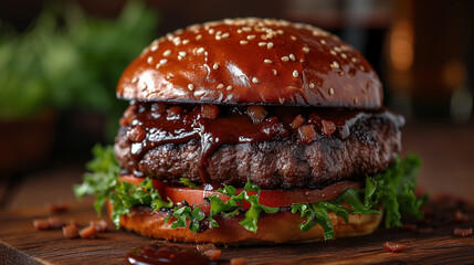 Sticker - hamburger on a wooden background