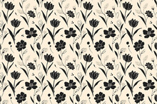 A Chic Seamless Pattern Featuring Black Floral Silhouettes With Botanical Details On A Warm Beige Background, Suitable For Sophisticated Decor.