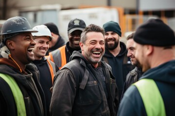 Poster - Group of happy construction workers laughing together on site