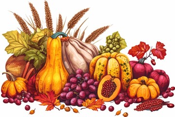 Autumn harvest fruits and vegetable. Clip art illustration set. Watercolor style