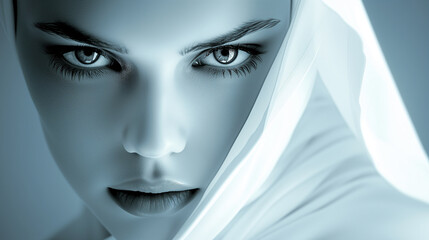 A close up portrait of a young nun wearing her white hood taken black and white. 