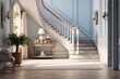 Pale blue hallway decor, an embodiment of interior design and house improvement, welcomes with entryway furniture and enhances the entrance hall in an English country house