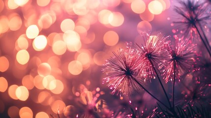 Sticker - Gold and pastel pink Fireworks and bokeh used in different events and copy space. Abstract background holiday.