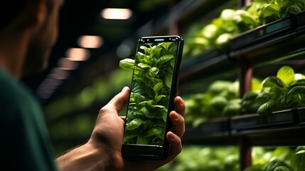 Wall Mural - Smart Farming Revolution: Mobile Technology Enhances Organic Vegetable Cultivation for Healthier Lifestyles