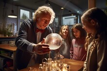 A Teacher Demonstrating A Science Experiment, Surrounded By Curious Students Eager To Learn.