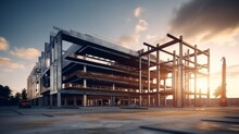 Innovative Construction Of A State-of-the-art Building In A Meadow With A Beautiful Sunset In High Resolution