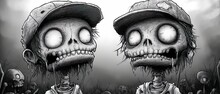 Two Young Zombie Men In Baseball Hats.  Illustration On The Theme Of Horror And Fear. Zombie. Generative AI	
