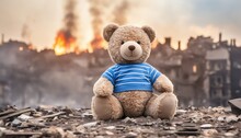 Kids Teddy Bear Over Burned Destructive City Of An Aftermath War Conflict, Earthquake Or Fire And Smoke Of World War Against Children Peace Innocence As Copyspace Banner Created With Generative Ai