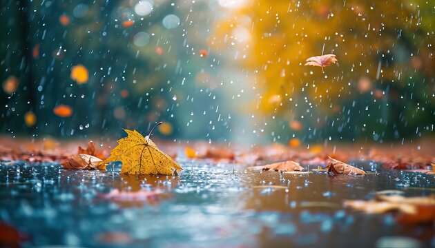 autumn background. autumn leaves on rainy glass texture, bright abstract natural backdrop. concept o