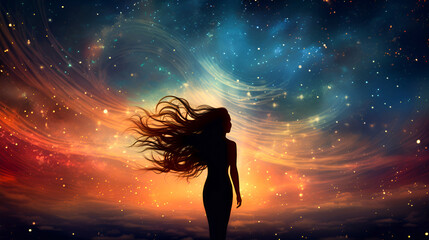 Wall Mural - Silhouette of a female figure set against the cosmic panorama, encompassing the galaxy's outer space and the radiant energy flow. feminine life force, spiritual practices, and meditative experiences