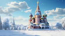 Moscow's St, Basil's Church On A Beautiful Winter Day. Red Square With A Popular Russian Traveling Destination. Old Christian Religious Area. Tourist Destination.