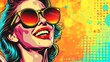 © Alvaro - Pop art advertisement, with clouds and dots, with a young woman, comic style and sunglasses