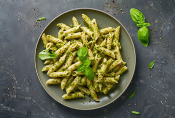 Wall Mural - Penne pasta with pesto sauce on a plate, isolated on a marble table, top view