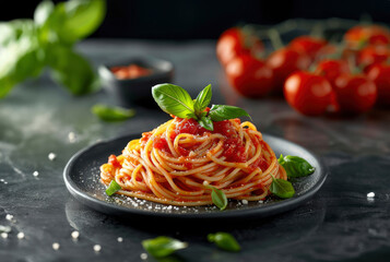 Wall Mural - Spaghetti pasta with tomato sauce and basil on a black plate, on top of a black marble table, tomatoes and basil in the background