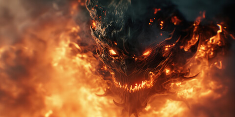 Wall Mural - Fiery head of a evil monster in the fire