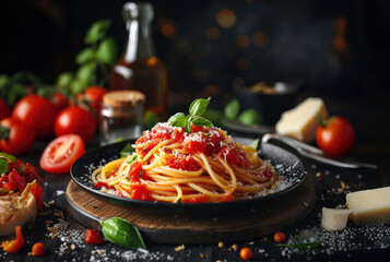 Wall Mural - Spaghetti with tomato sauce and basil on a plate, tomatoes, cheese, and olive oil in the background
