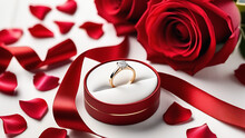 Red Gift Box With Wedding Ring And Rose Pestals, Betrothal On White Background