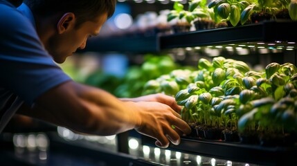 Wall Mural - Greenhouse Harvest: Farmer Cultivating Organic Vegetables for Healthy Summer Produce