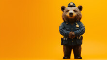 Bear In Police Suit Standing With Orange Background