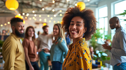 Canvas Print - Joyful group of people are celebrating with drinks in their hands, surrounded by a festive atmosphere with confetti flying in the air.