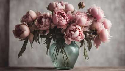 Wall Mural - still life with a bouquet of old peonies flowers in the rustic background