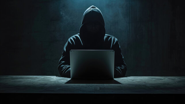 Silhouette of a mysterious figure in a hoodie, facing away from the camera, illuminated by the blue light of a laptop screen in a dark room