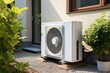 Heat pump, air conditioner, air-source heat pump in front of a residential building. Generative AI