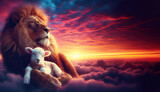 Fototapeta Most - Most vibrant sky sunset with fiery tones. a lion and a lamb living in harmony. Large imposing powerful lion king representing the lion of Judah. The white lamb living in harmony with a large lion. 