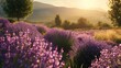 Beautiful bright lavender fields at sunset. Created with Generative Ai technology.