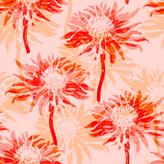  Watercolor seamless pattern with chrysanthemum flowers and stems in trendy color of the year 2024 peach fuzz. For floral design, apparel textile, wallpaper, bedding, fabric, poster, package.