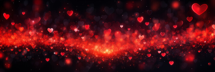 Wall Mural - Beautiful background banner with red hearts, lights, sparkles and bokeh. Valentine's Day. Panoramic web header with copy space. Wide screen wallpaper