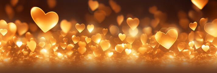 Wall Mural - Beautiful background banner with golden hearts, lights, sparkles and bokeh. Valentine's Day. Panoramic web header with copy space. Wide screen wallpaper