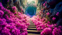Stairway Leading To Tunnel With Pink Flowers In The Foreground And Light At The End Of The Tunnel.